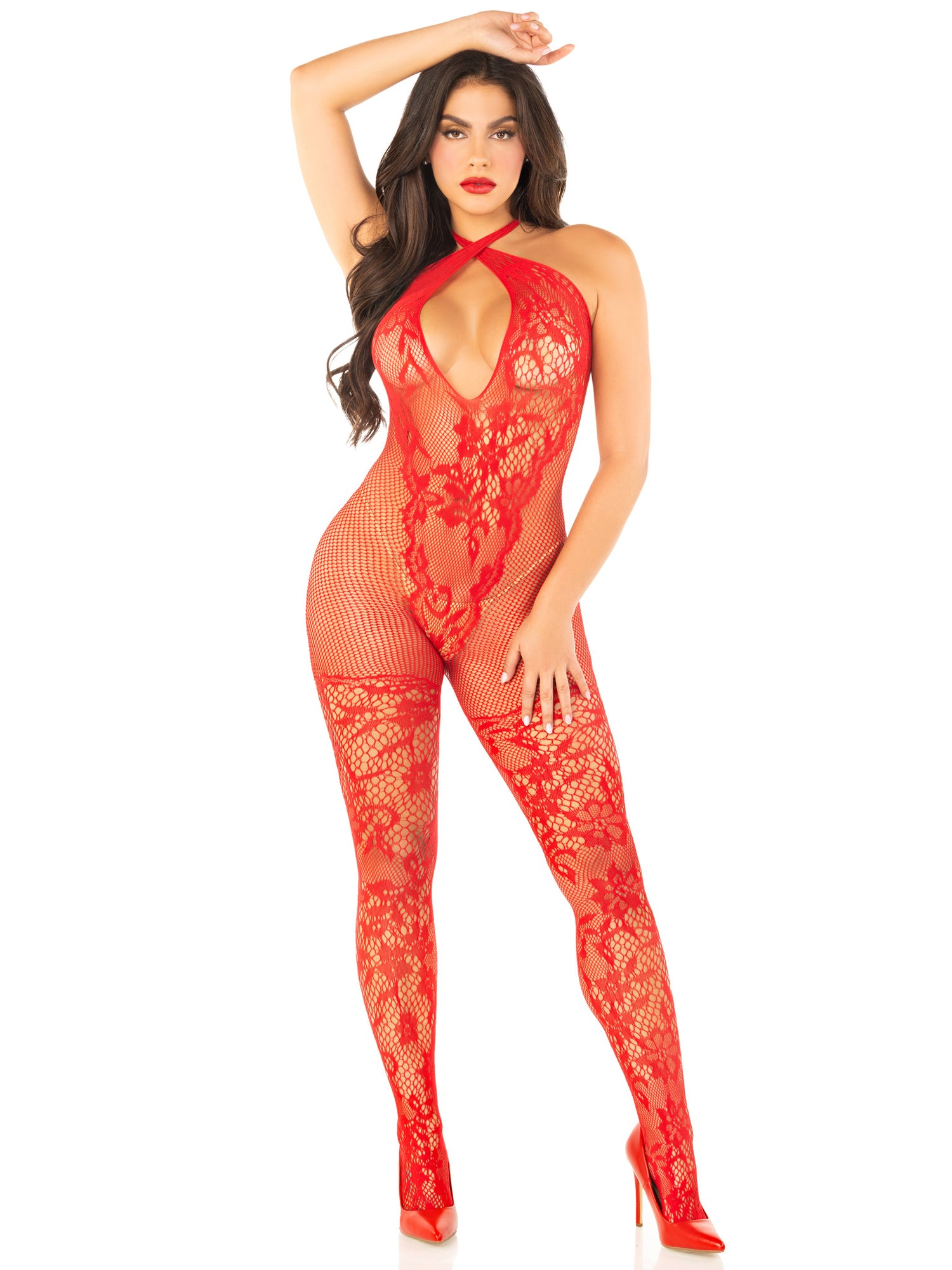 "Red Seamless Net and Lace Lingerie Jumpsuit - With Keyhole Crossover Halter - Os LA-89335REDOS"