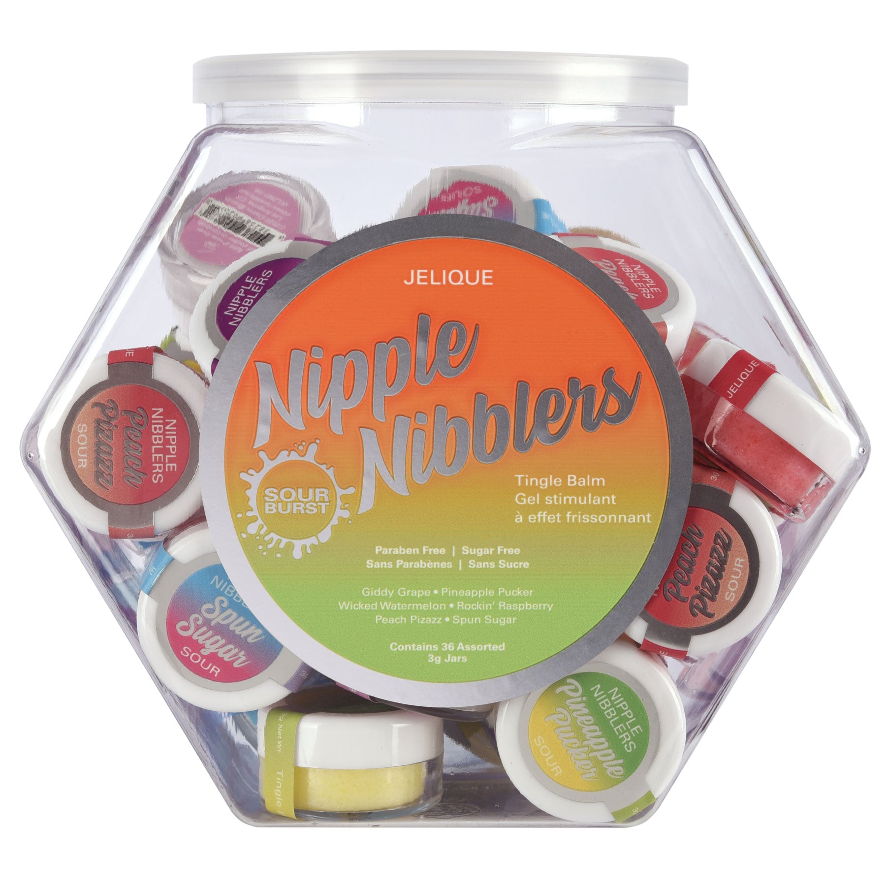 "Nipple Nibbler Sour Tingle Balm Assorted - 36 Pc. Bowl - 3g Jar JEL2600-99"