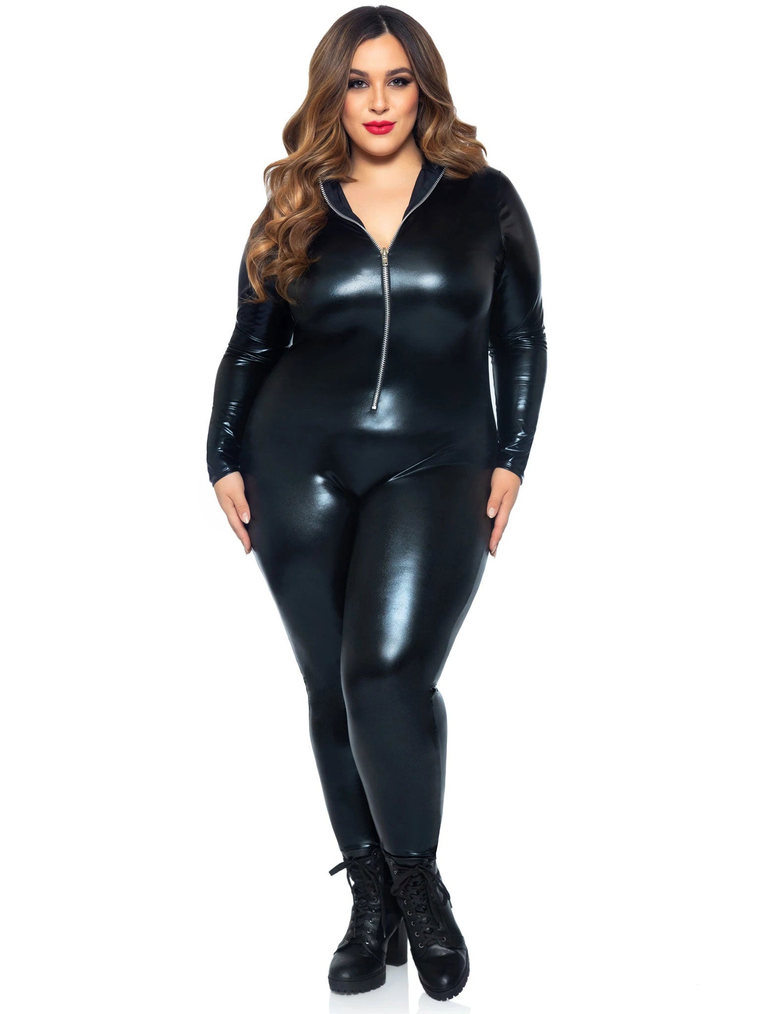 "Lame Zipper Front Catsuit - 1x/2x - Black LA-85047XBL1X2"