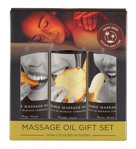 "Edible Massage Oil Gift Set Box - 2 Fl. Oz. Bottles - Banana, Mango, Pineapple EB-MSEG003TR"