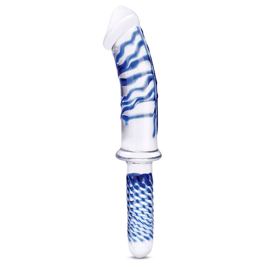 "11 Inch Realistic Double Ended Glass Dildo With Handle - Blue/clear GLAS-501"